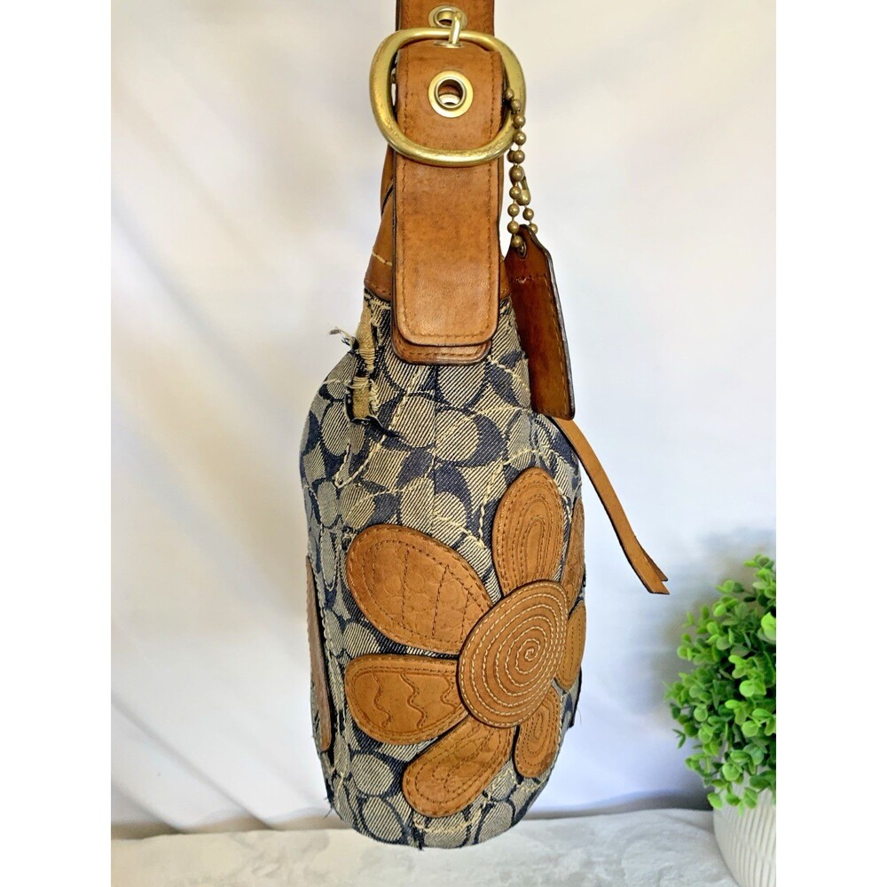 COACH Bleecker Denim 11781 Vachetta Leather Floral Applique Duffle Bag RARE - Picture 6 of 17